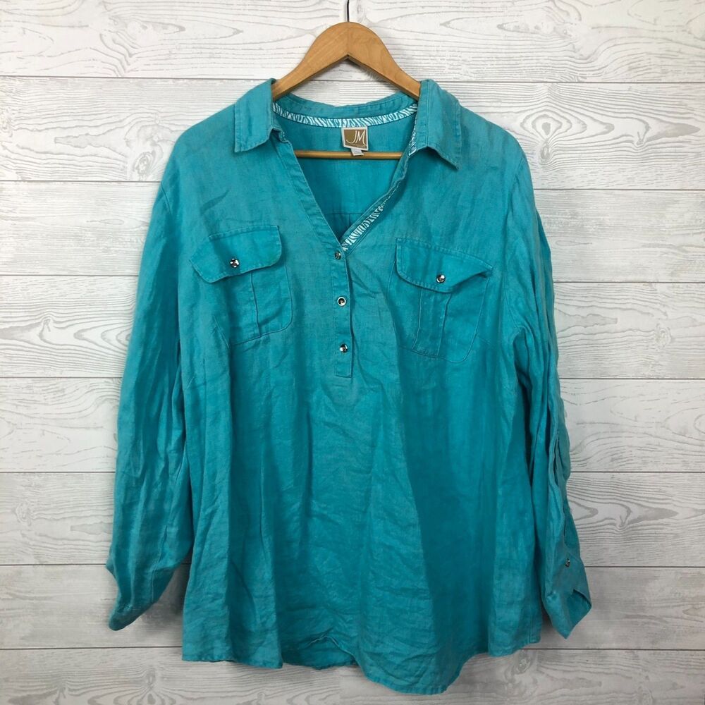 JM Collection Women's 18W 100% Linen Popover Shirt Roll Tab Sleeves Solid Blue